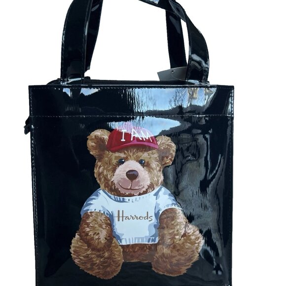 HARRODS LONDON TEDDY BEAR PVC Zip Top Tote Bag Glossy BLACK SMALL - BNWT - Picture 1 of 6